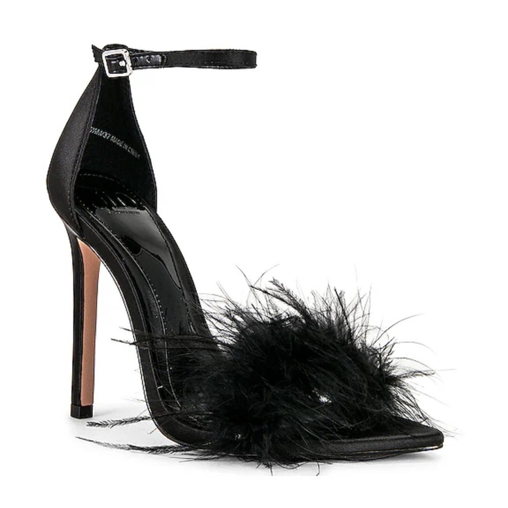 REVOLVE Black Feathered Ankle-Strap Stiletto Heels